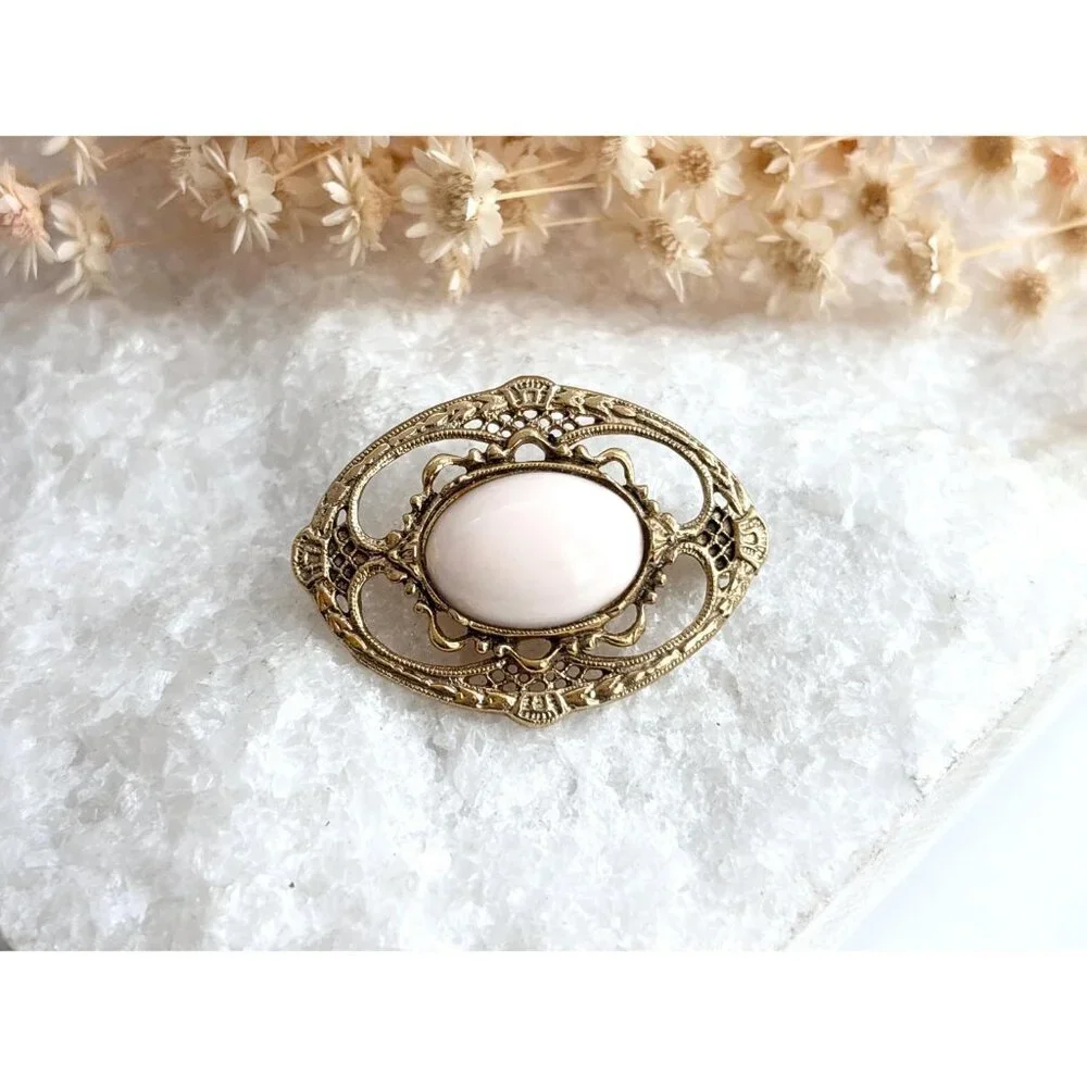 Faux Porcelain Enameled Oval Shaped Victorian Inspired Vintage Floral Brooch